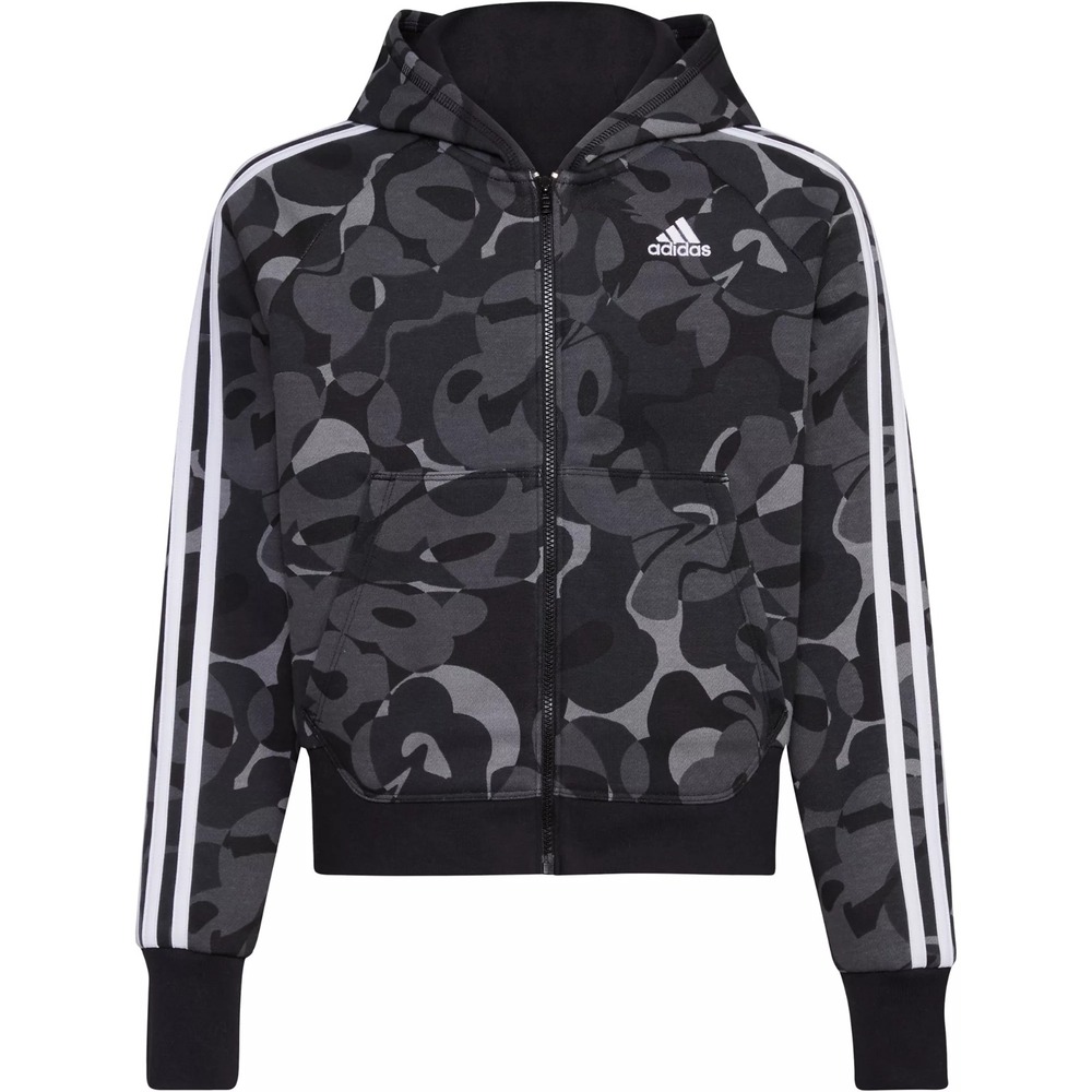 Adidas Girls Zip-Front Essential 3-Stripe Fleece jacket Black Camo Size M - Picture 3 of 7